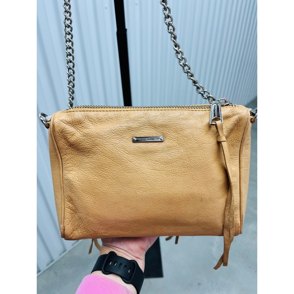 Rebecca Minkoff Mini 5 Crossbody Bag Tan Zip Studded Leather Tassel Chain Strap